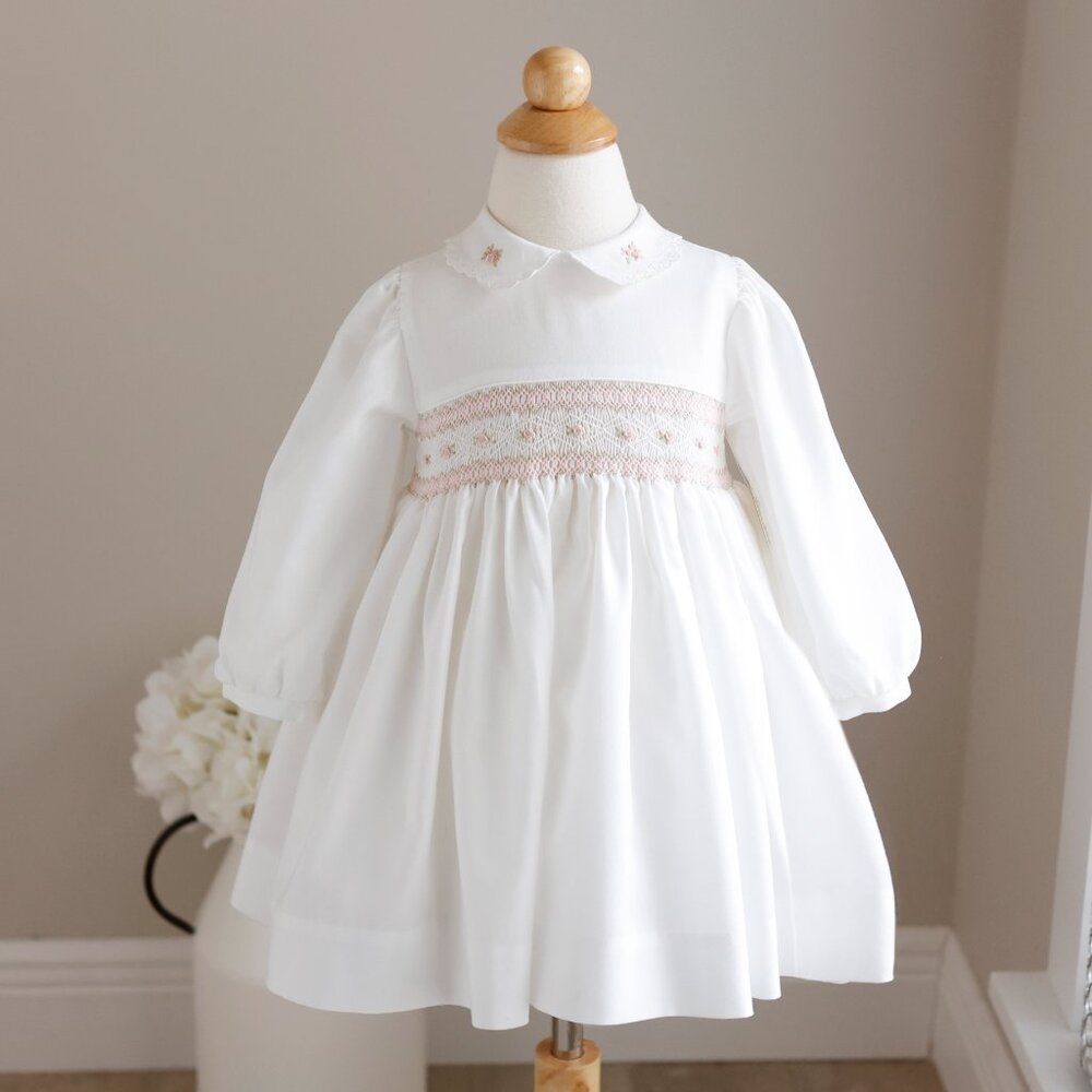 Long Sleeve Ivory Smocked Dress Pink & Sage Green Floral Embroidery Boutique
